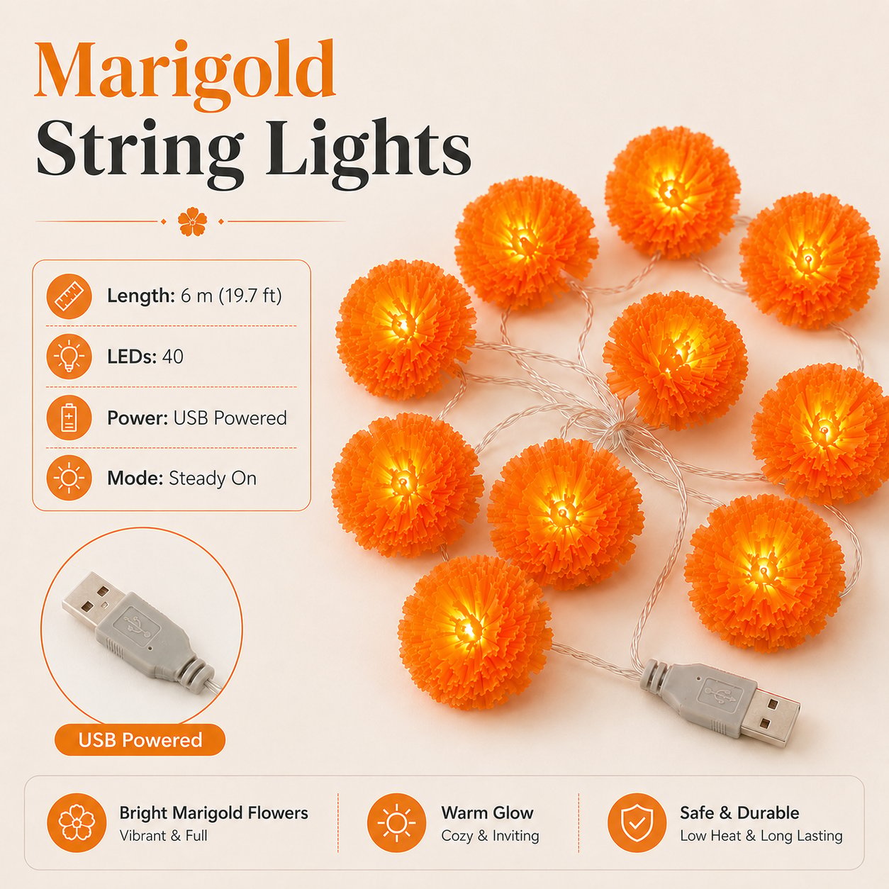 ?? 40% OFF Today ?? Orange Marigold LED String Lights ¨C Light Up Your Halloween with a Warm Floral Glow ?