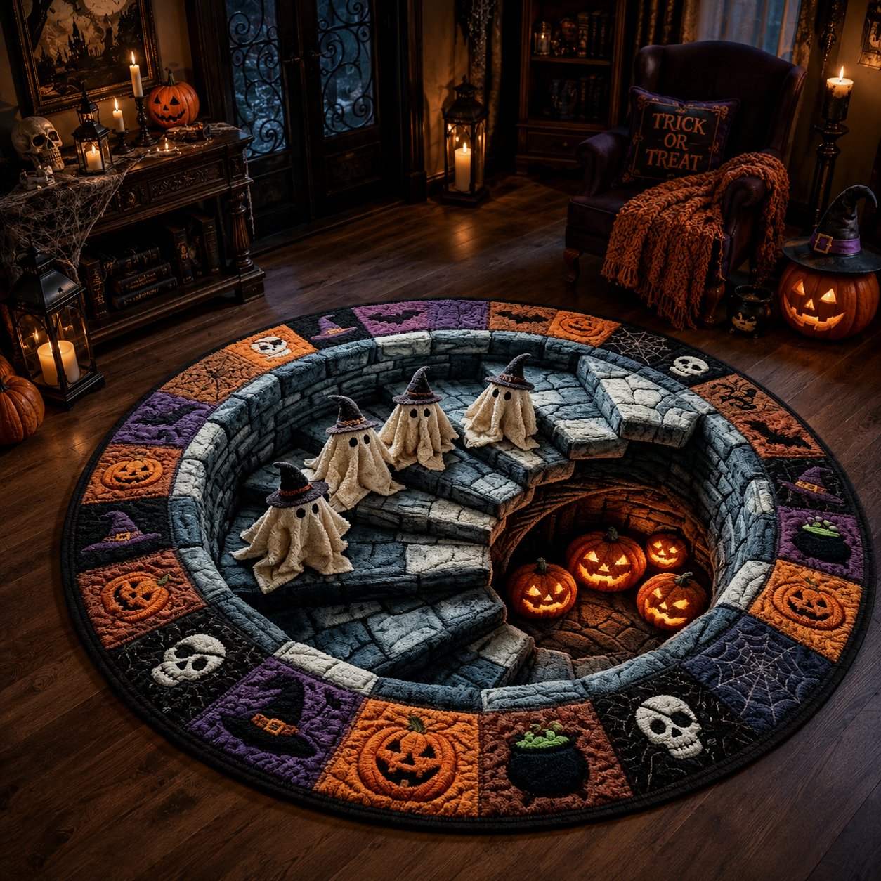 ?? 3D Haunted Staircase Round Rug ¨C Spooky Halloween Optical Illusion ??