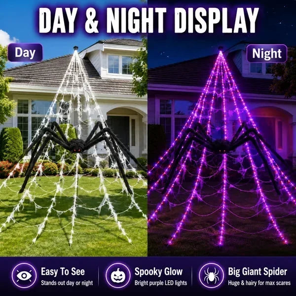 Halloween LED Spider Web Lights & Giant Black Spider Decor | 250 LEDs, 8 Modes, Remote Control