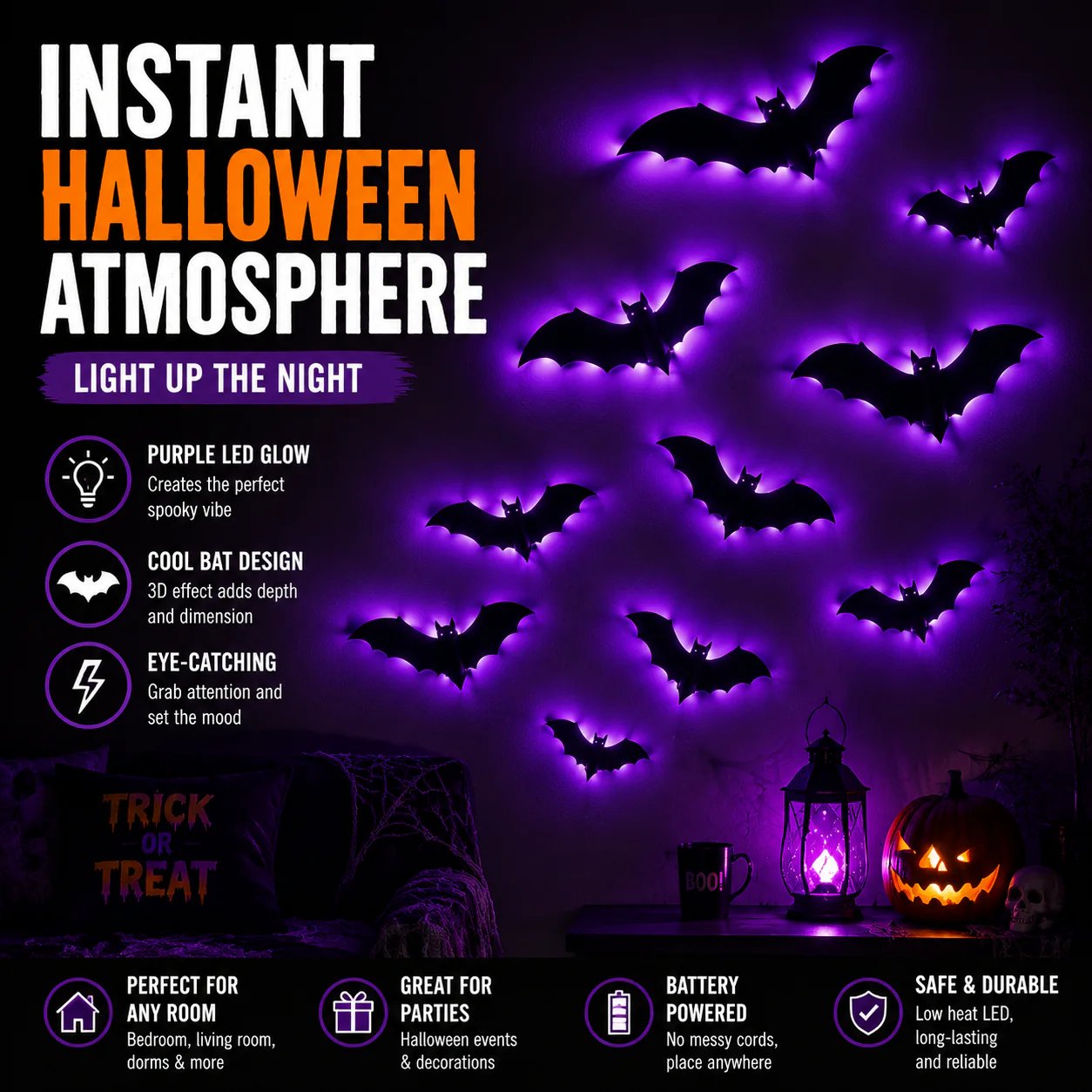 ??Halloween decorative items - 3D black bat wall stickers with LED lights
