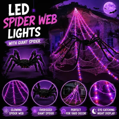 Halloween LED Spider Web Lights & Giant Black Spider Decor | 250 LEDs, 8 Modes, Remote Control