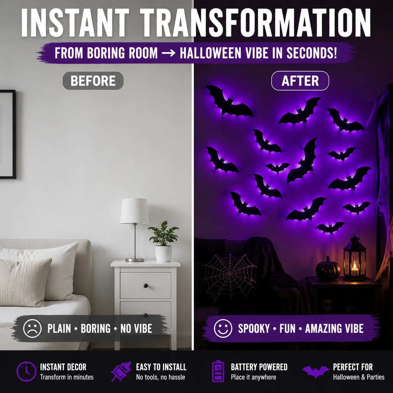 ??Halloween decorative items - 3D black bat wall stickers with LED lights
