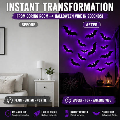 ??Halloween decorative items - 3D black bat wall stickers with LED lights