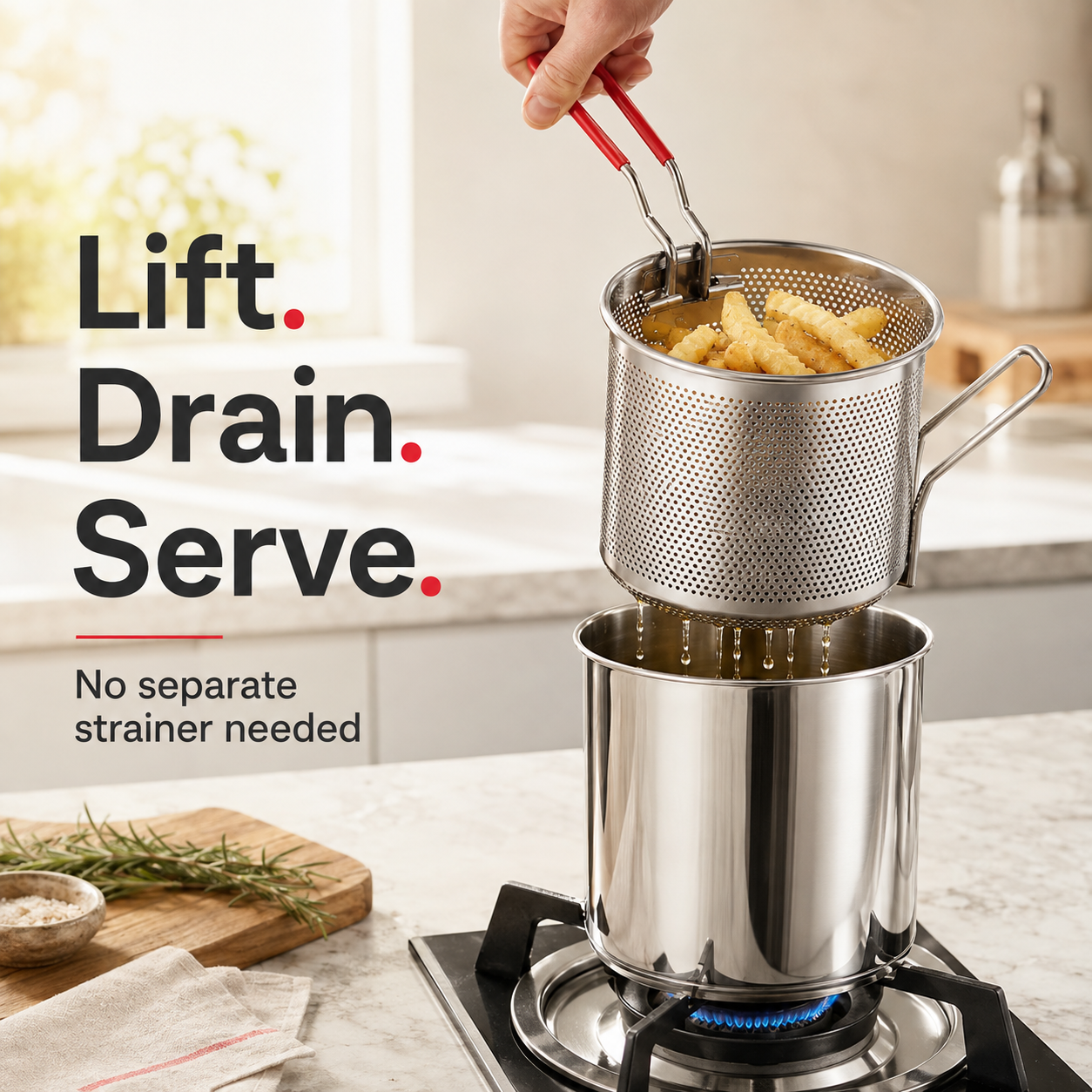 🍟304 stainless steel pot with detachable drain basket and food tongs z