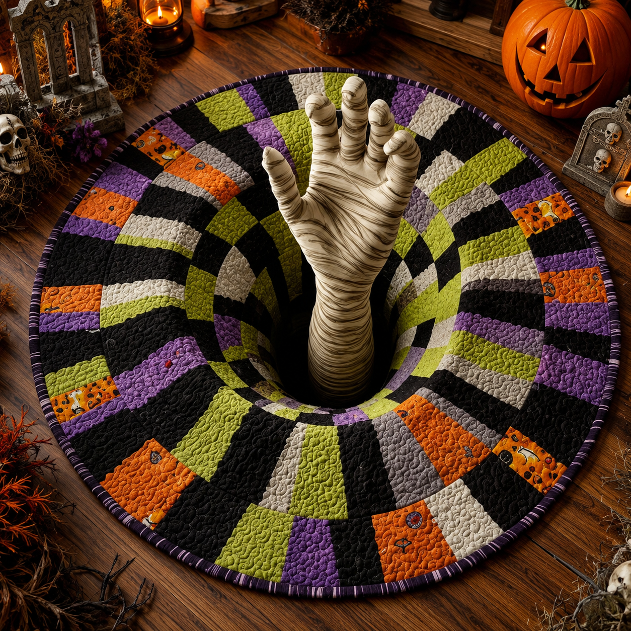 3D Skeleton Vortex Quilted Round Halloween Rug