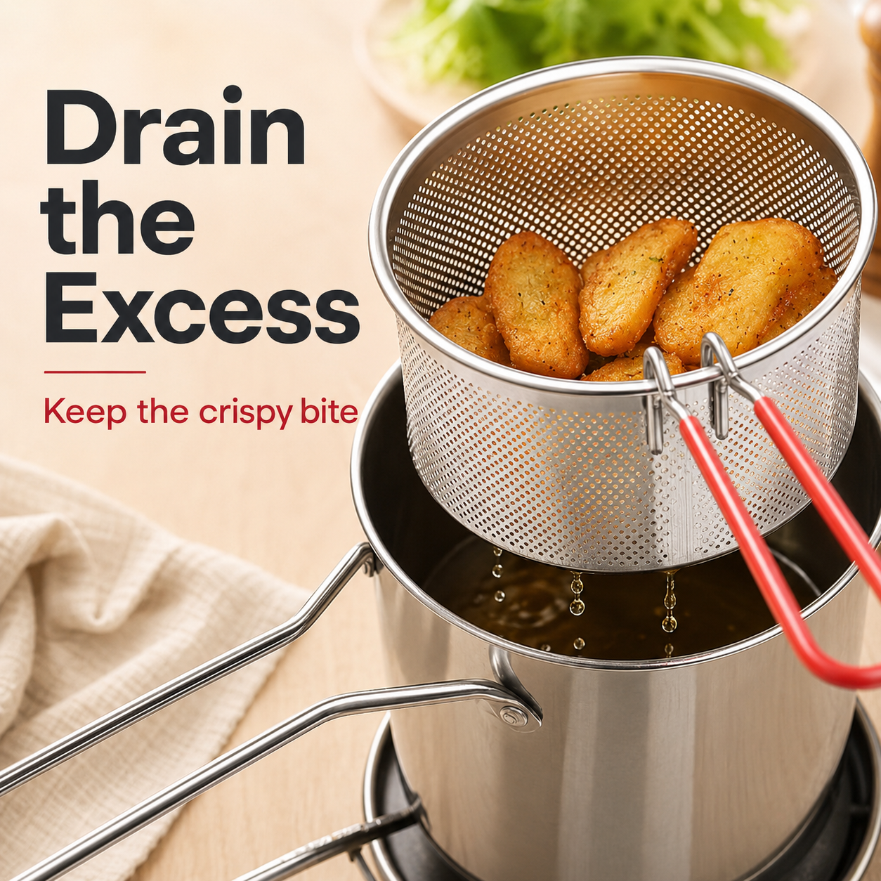 🍟304 stainless steel pot with detachable drain basket and food tongs z