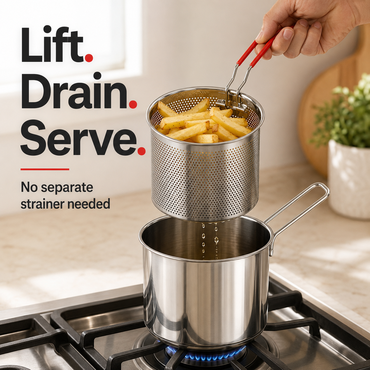 🍟304 stainless steel pot with detachable drain basket and food tongs z