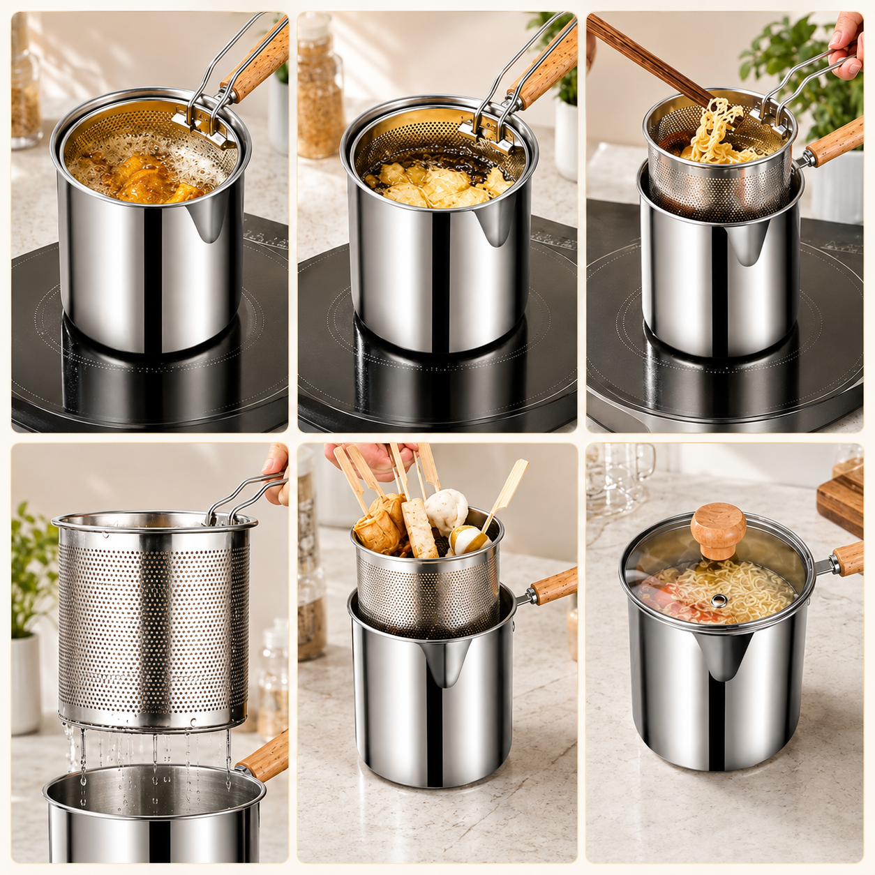 🍟304 stainless steel pot with detachable drain basket and food tongs z