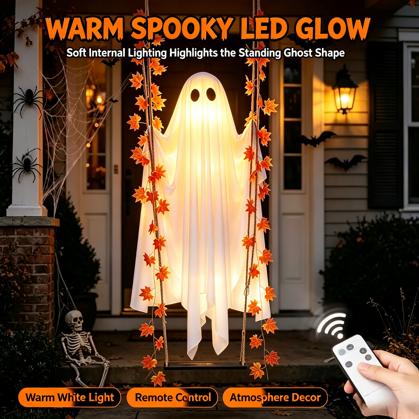 ??Limited-time 50% Off???LED Hanging Ghost Swing Decoration, 5FT Remote Controlled Halloween Outdoor Hanging Decor??