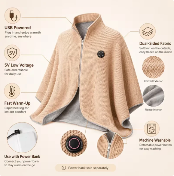 🔥CozyHug Portable Heated Shawl ✨Soft Zipper Wearable Electric Heating Blanket For All-Day Warmth