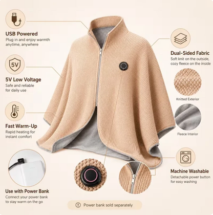 🔥CozyHug Portable Heated Shawl ✨Soft Zipper Wearable Electric Heating Blanket For All-Day Warmth
