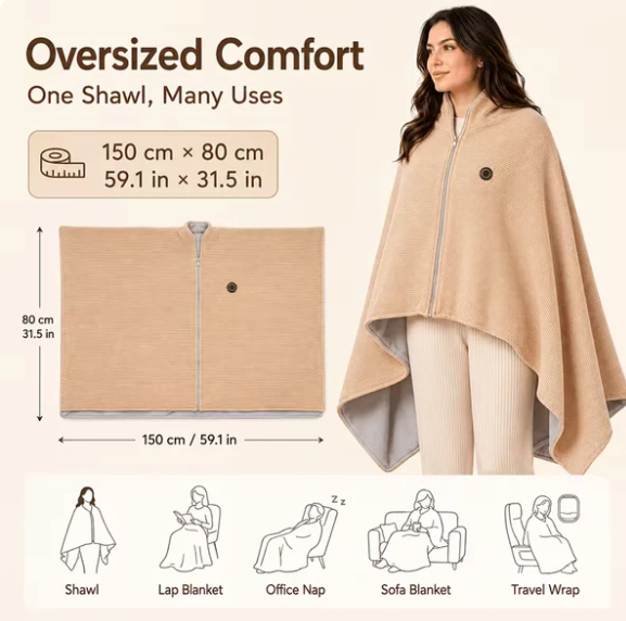 🔥CozyHug Portable Heated Shawl ✨Soft Zipper Wearable Electric Heating Blanket For All-Day Warmth
