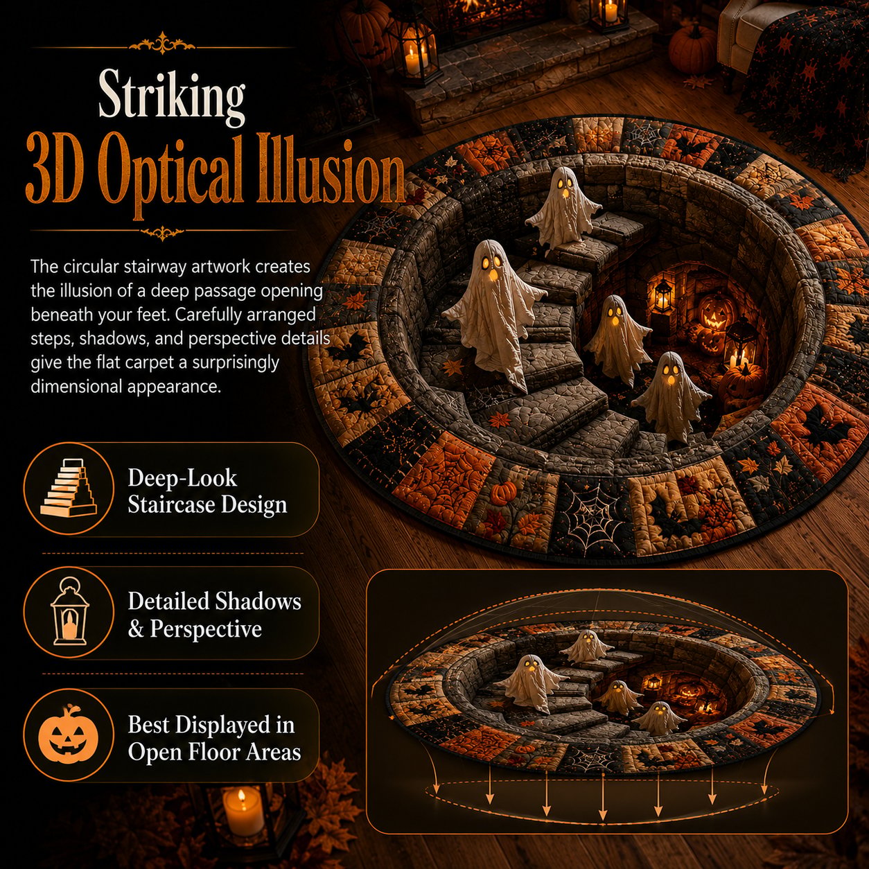 ?? 3D Haunted Staircase Round Rug ¨C Spooky Halloween Optical Illusion ??