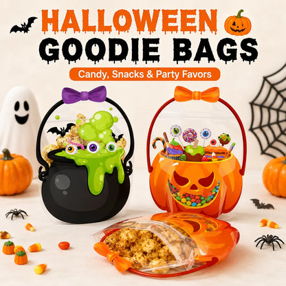 12/24/36/48/60 Pcs Halloween Plastic Goodie Bags, Trick or Treat Candy Bags, Cauldron, Skeleton, Black Cat, Skull, Pumpkin Pattern Treat Bags, Halloween Party Favor Snack Storage Bags for Classroom, Birthday, Students, Teachers, Neighbors