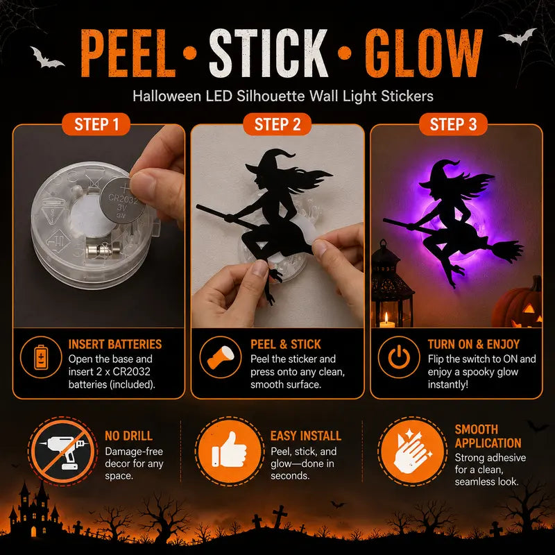 Battery-operated LED Halloween silhouette wall sticker¡ªpeel-and-stick decorative light.