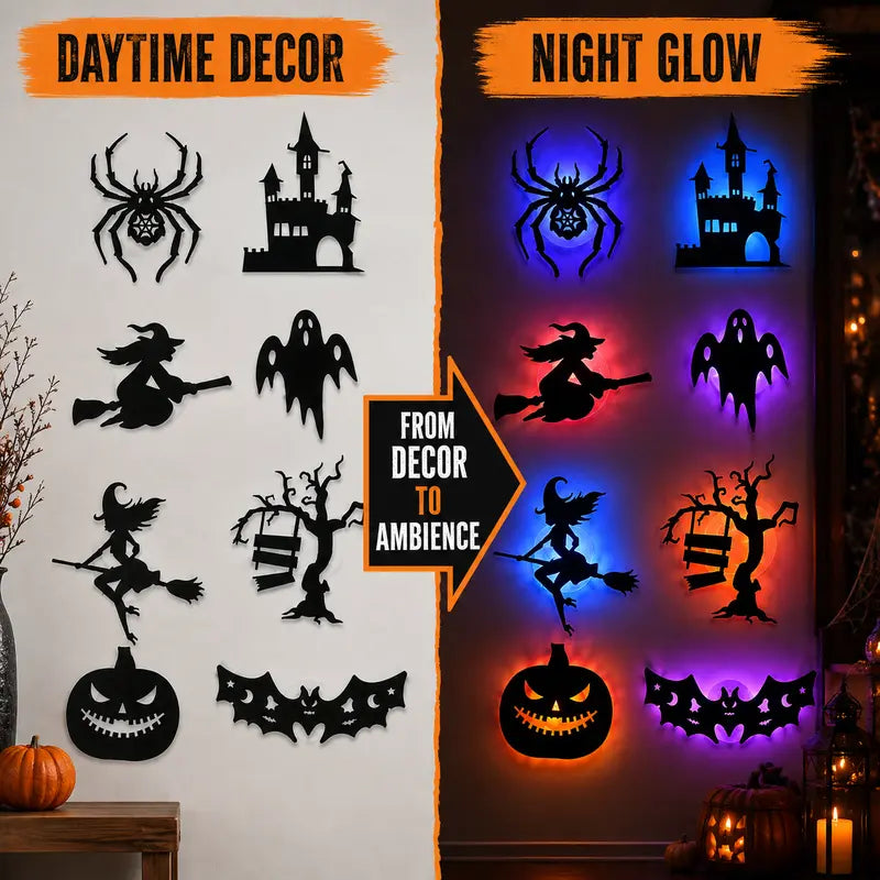 Battery-operated LED Halloween silhouette wall sticker¡ªpeel-and-stick decorative light.