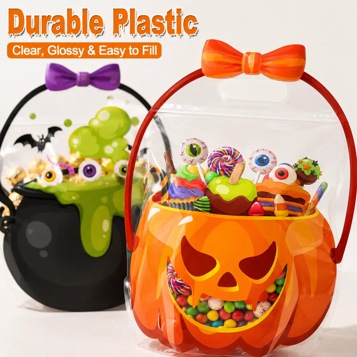 12/24/36/48/60 Pcs Halloween Plastic Goodie Bags, Trick or Treat Candy Bags, Cauldron, Skeleton, Black Cat, Skull, Pumpkin Pattern Treat Bags, Halloween Party Favor Snack Storage Bags for Classroom, Birthday, Students, Teachers, Neighbors