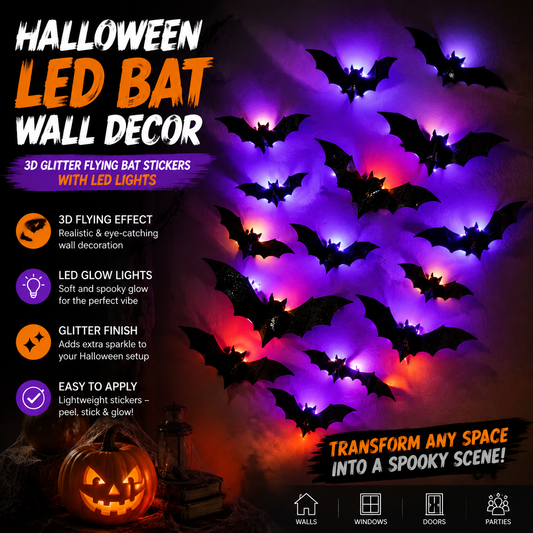 Halloween LED Bat Wall Decor ¨C 3D Glitter Flying Bat Stickers for Spooky Party, Room & Window Decorations