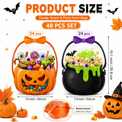 12/24/36/48/60 Pcs Halloween Plastic Goodie Bags, Trick or Treat Candy Bags, Cauldron, Skeleton, Black Cat, Skull, Pumpkin Pattern Treat Bags, Halloween Party Favor Snack Storage Bags for Classroom, Birthday, Students, Teachers, Neighbors