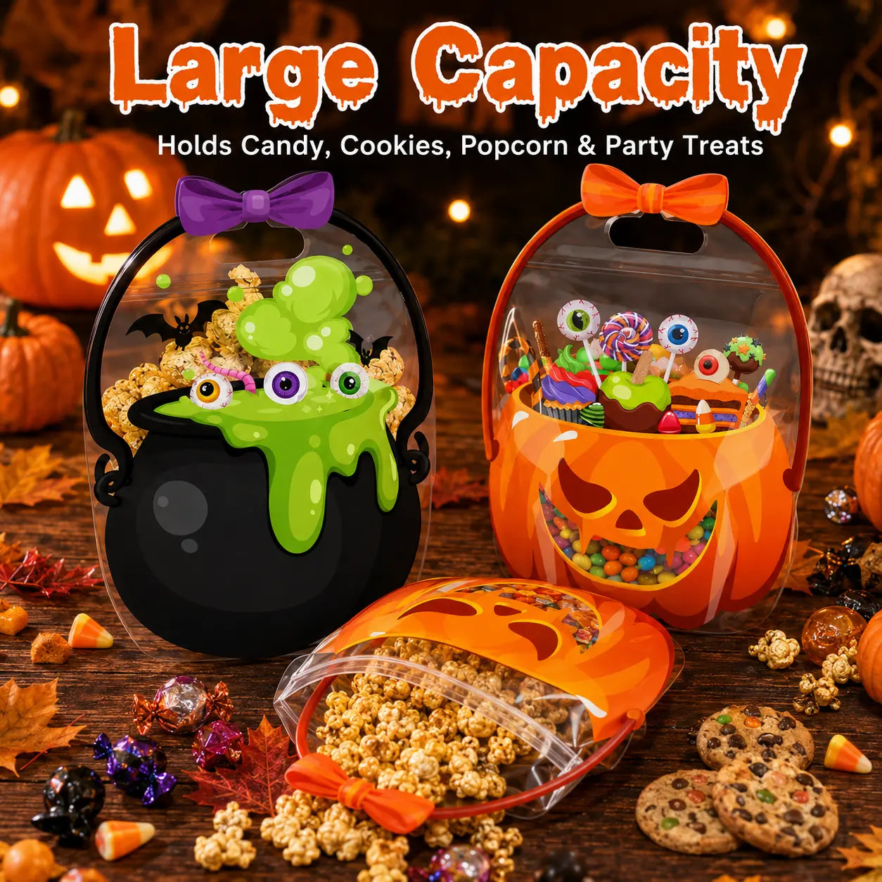 12/24/36/48/60 Pcs Halloween Plastic Goodie Bags, Trick or Treat Candy Bags, Cauldron, Skeleton, Black Cat, Skull, Pumpkin Pattern Treat Bags, Halloween Party Favor Snack Storage Bags for Classroom, Birthday, Students, Teachers, Neighbors