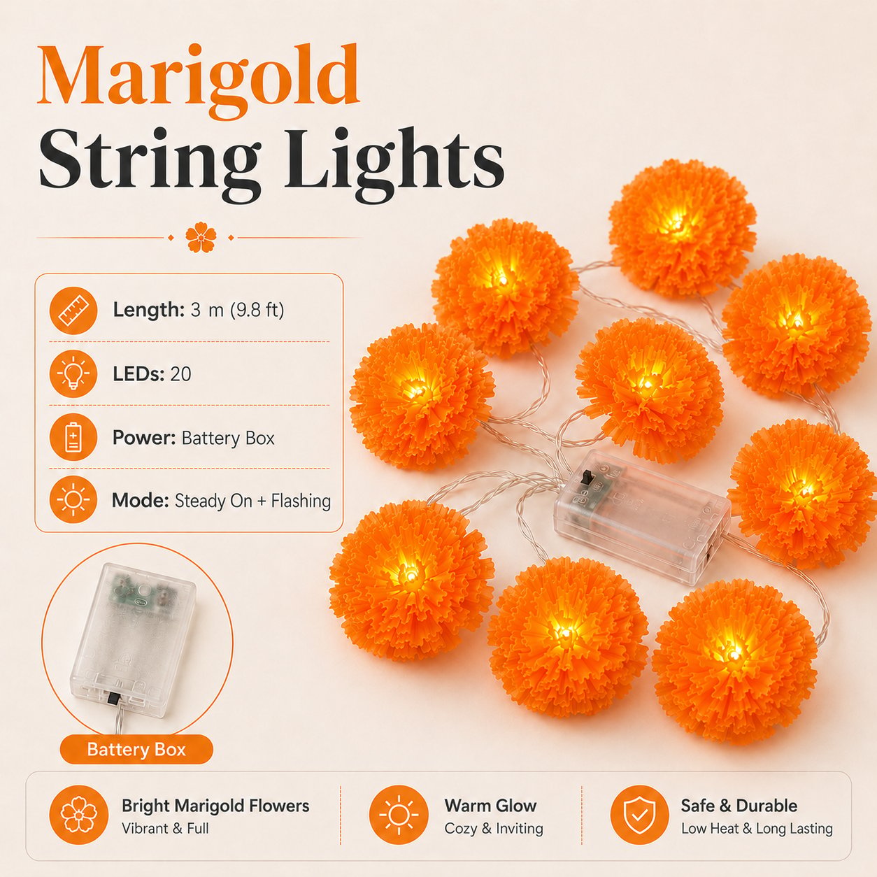 ?? 40% OFF Today ?? Orange Marigold LED String Lights ¨C Light Up Your Halloween with a Warm Floral Glow ?