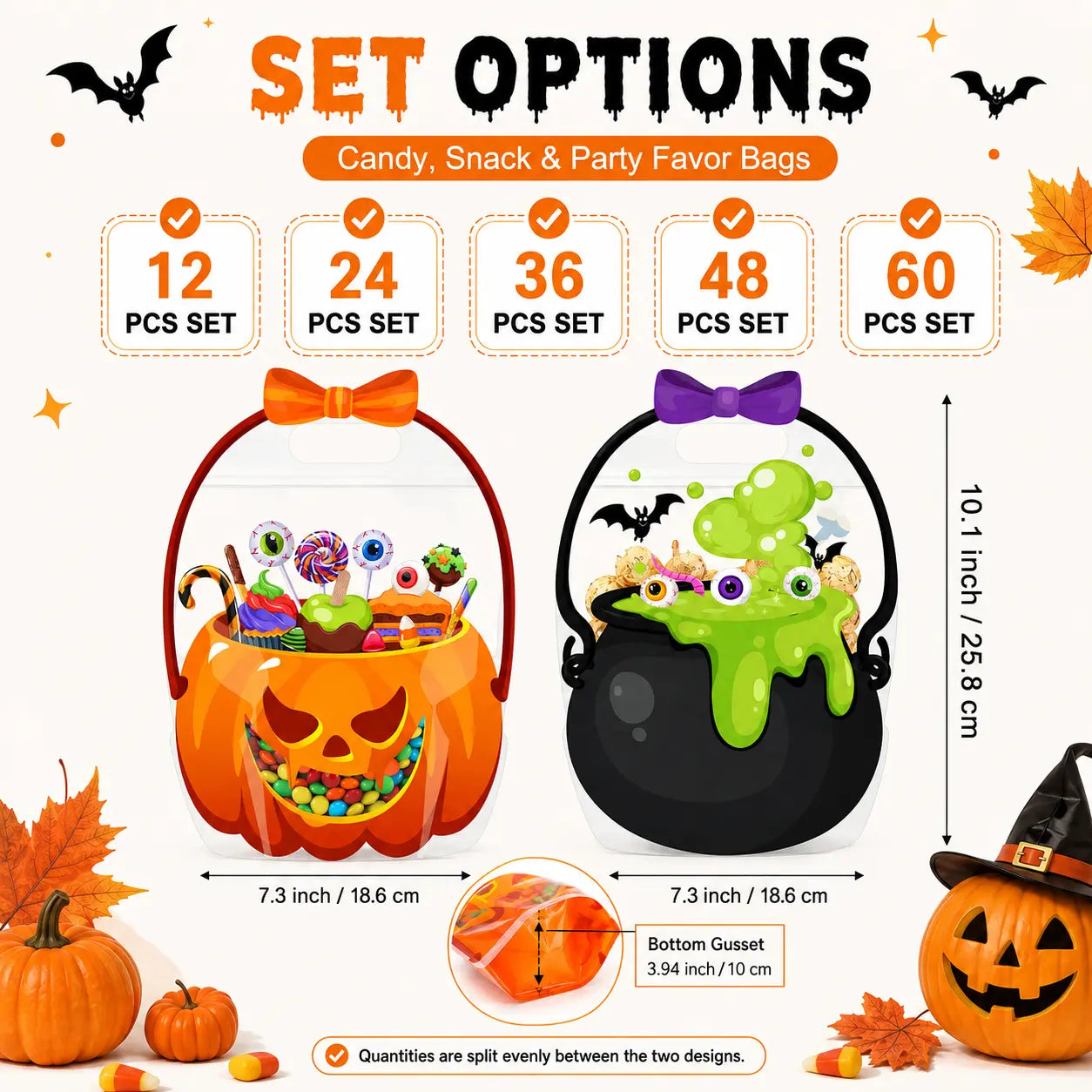 12/24/36/48/60 Pcs Halloween Plastic Goodie Bags, Trick or Treat Candy Bags, Cauldron, Skeleton, Black Cat, Skull, Pumpkin Pattern Treat Bags, Halloween Party Favor Snack Storage Bags for Classroom, Birthday, Students, Teachers, Neighbors