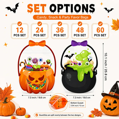 12/24/36/48/60 Pcs Halloween Plastic Goodie Bags, Trick or Treat Candy Bags, Cauldron, Skeleton, Black Cat, Skull, Pumpkin Pattern Treat Bags, Halloween Party Favor Snack Storage Bags for Classroom, Birthday, Students, Teachers, Neighbors