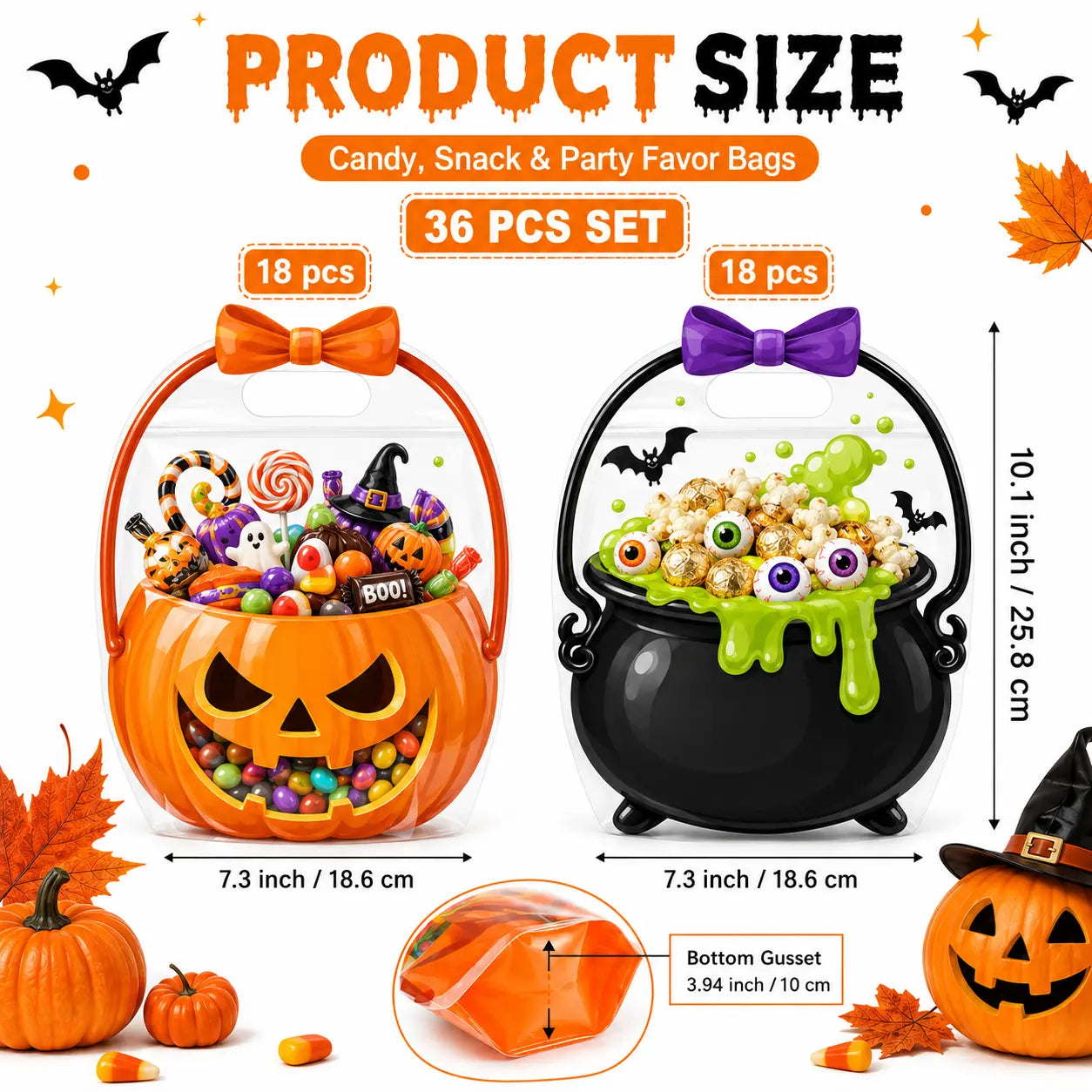 12/24/36/48/60 Pcs Halloween Plastic Goodie Bags, Trick or Treat Candy Bags, Cauldron, Skeleton, Black Cat, Skull, Pumpkin Pattern Treat Bags, Halloween Party Favor Snack Storage Bags for Classroom, Birthday, Students, Teachers, Neighbors
