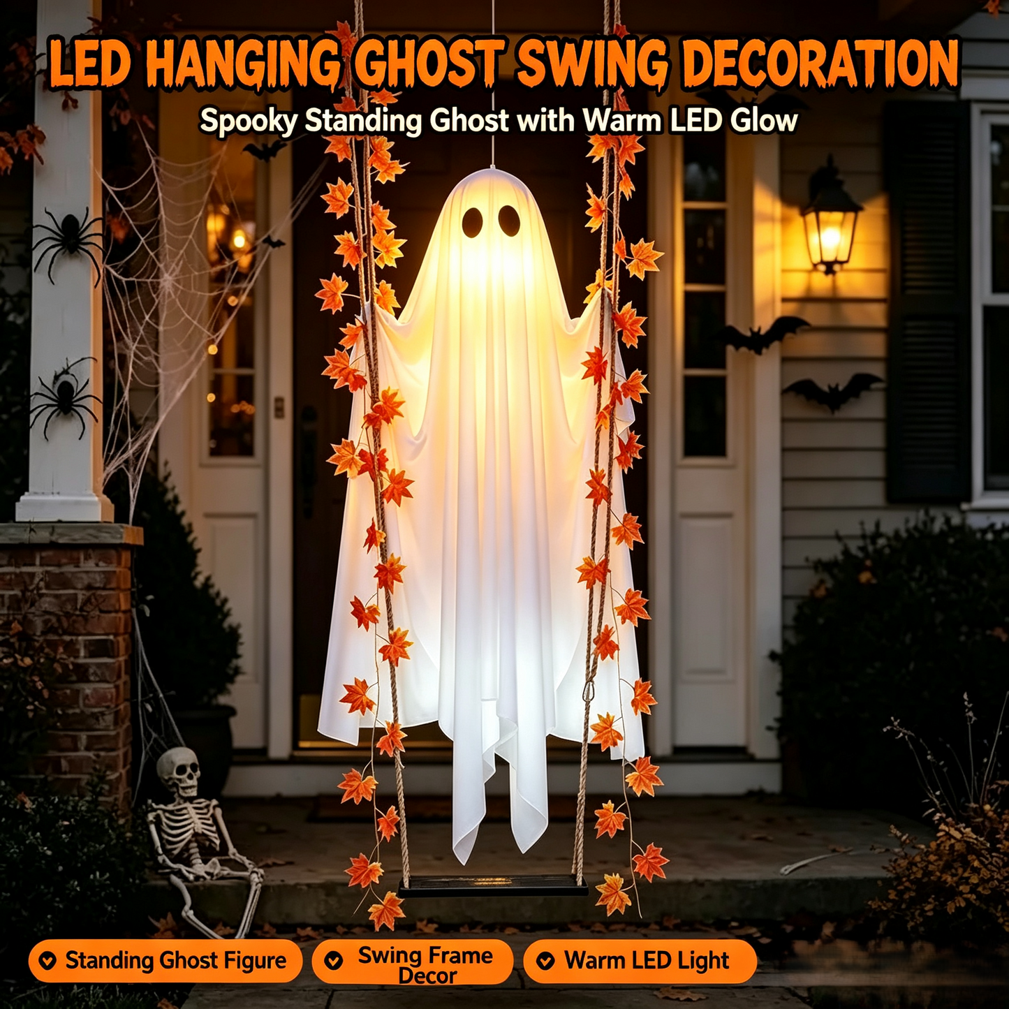 ??Limited-time 50% Off???LED Hanging Ghost Swing Decoration, 5FT Remote Controlled Halloween Outdoor Hanging Decor??