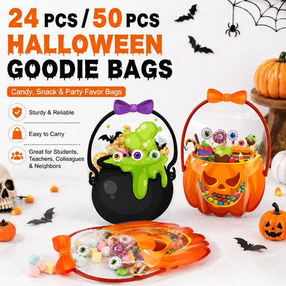 12/24/36/48/60 Pcs Halloween Plastic Goodie Bags, Trick or Treat Candy Bags, Cauldron, Skeleton, Black Cat, Skull, Pumpkin Pattern Treat Bags, Halloween Party Favor Snack Storage Bags for Classroom, Birthday, Students, Teachers, Neighbors