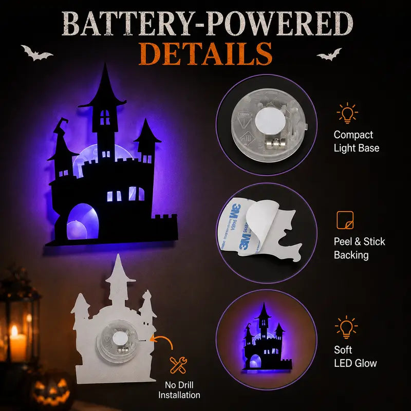 Battery-operated LED Halloween silhouette wall sticker¡ªpeel-and-stick decorative light.