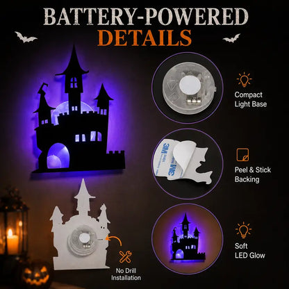 Battery-operated LED Halloween silhouette wall sticker¡ªpeel-and-stick decorative light.