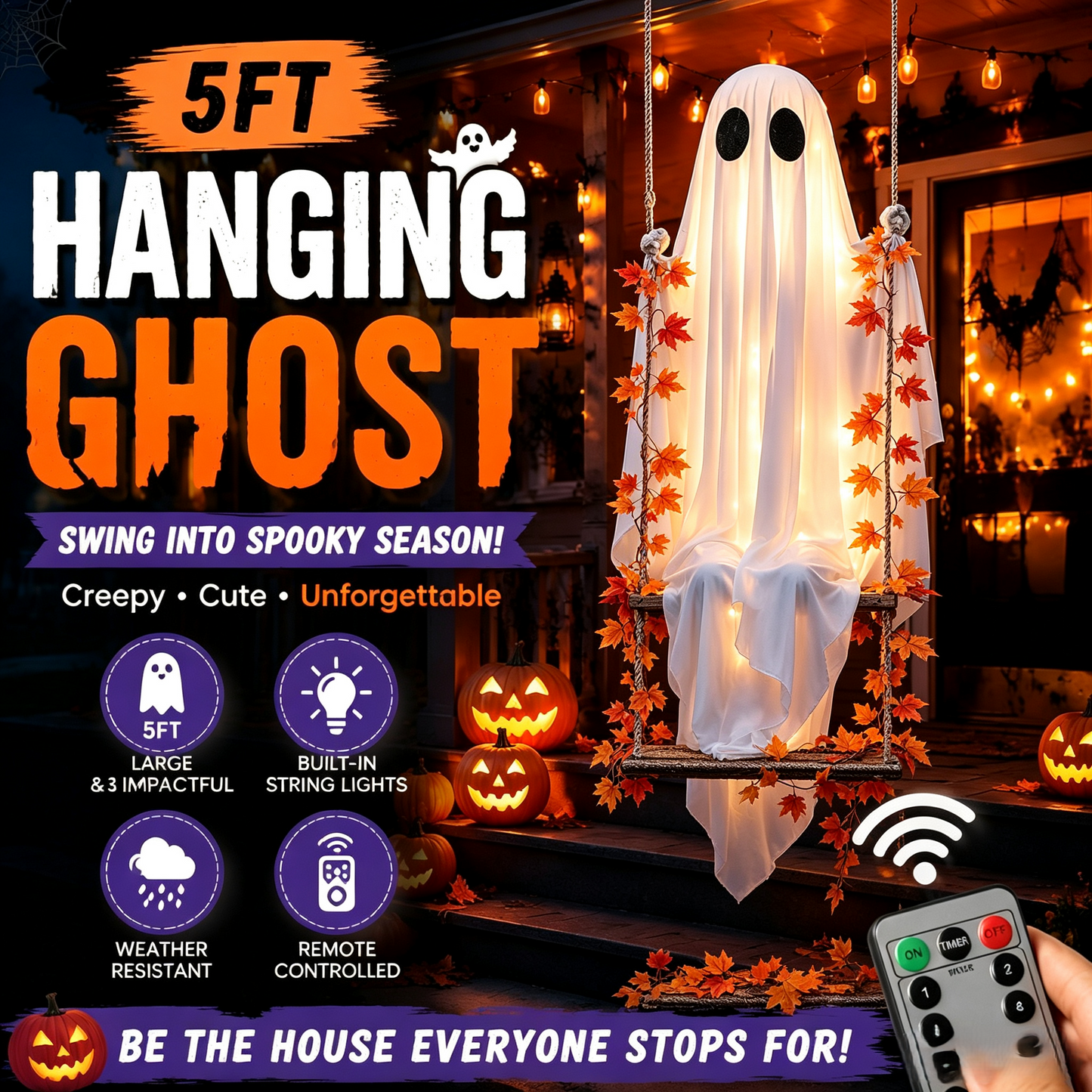 ??Limited-time 50% Off???LED Hanging Ghost Swing Decoration, 5FT Remote Controlled Halloween Outdoor Hanging Decor??