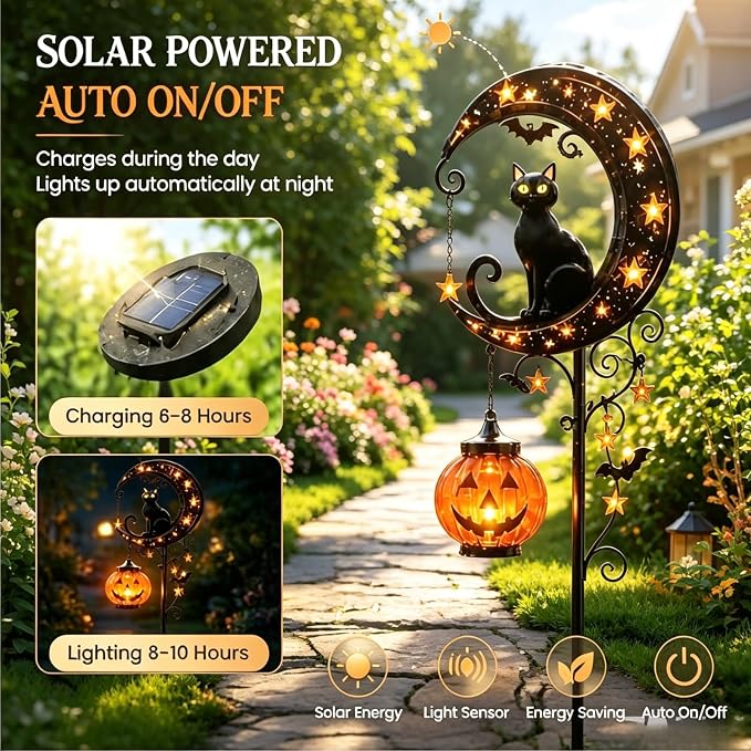 ???? Solar Black Cat Moon Pumpkin Outdoor Stake Light Transform Your Yard Into A Magical Halloween Wonderland