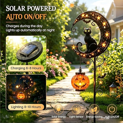 ???? Solar Black Cat Moon Pumpkin Outdoor Stake Light Transform Your Yard Into A Magical Halloween Wonderland