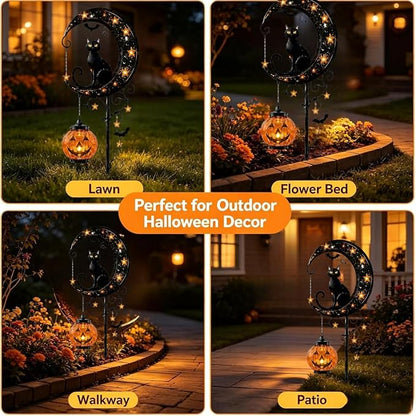 ???? Solar Black Cat Moon Pumpkin Outdoor Stake Light Transform Your Yard Into A Magical Halloween Wonderland