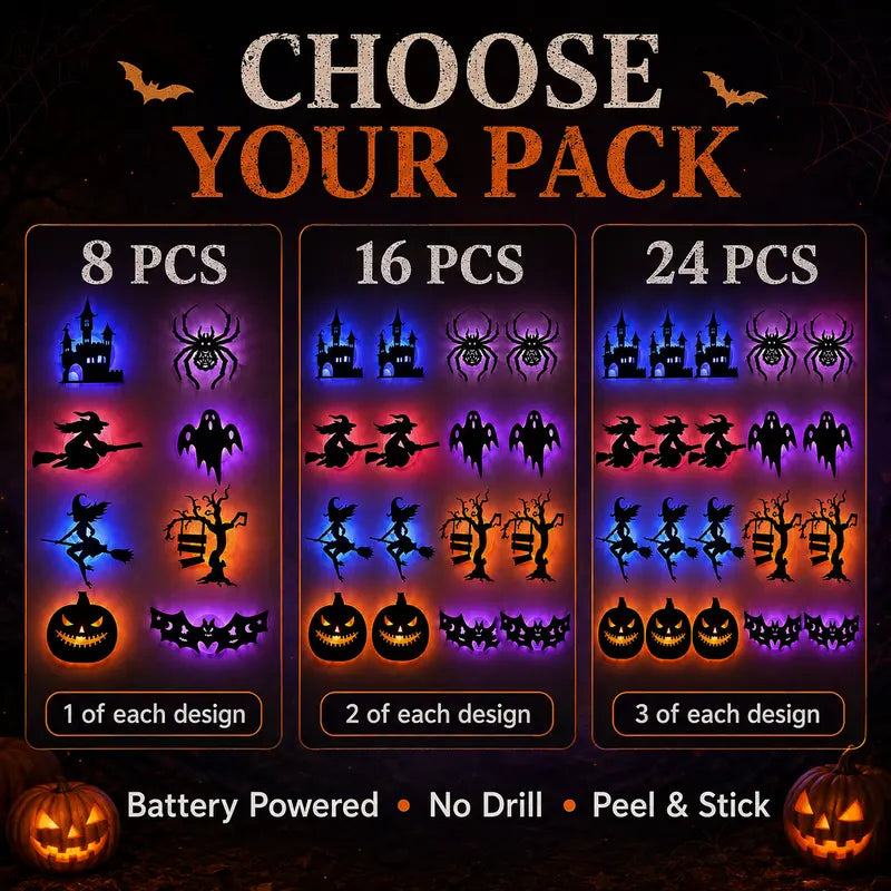Battery-operated LED Halloween silhouette wall sticker¡ªpeel-and-stick decorative light.