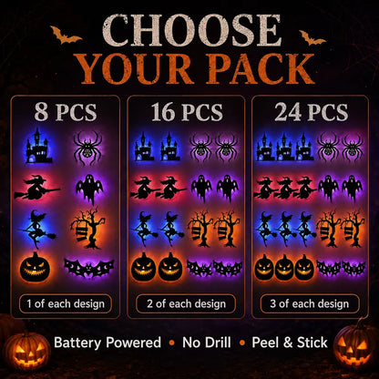 Battery-operated LED Halloween silhouette wall sticker¡ªpeel-and-stick decorative light.
