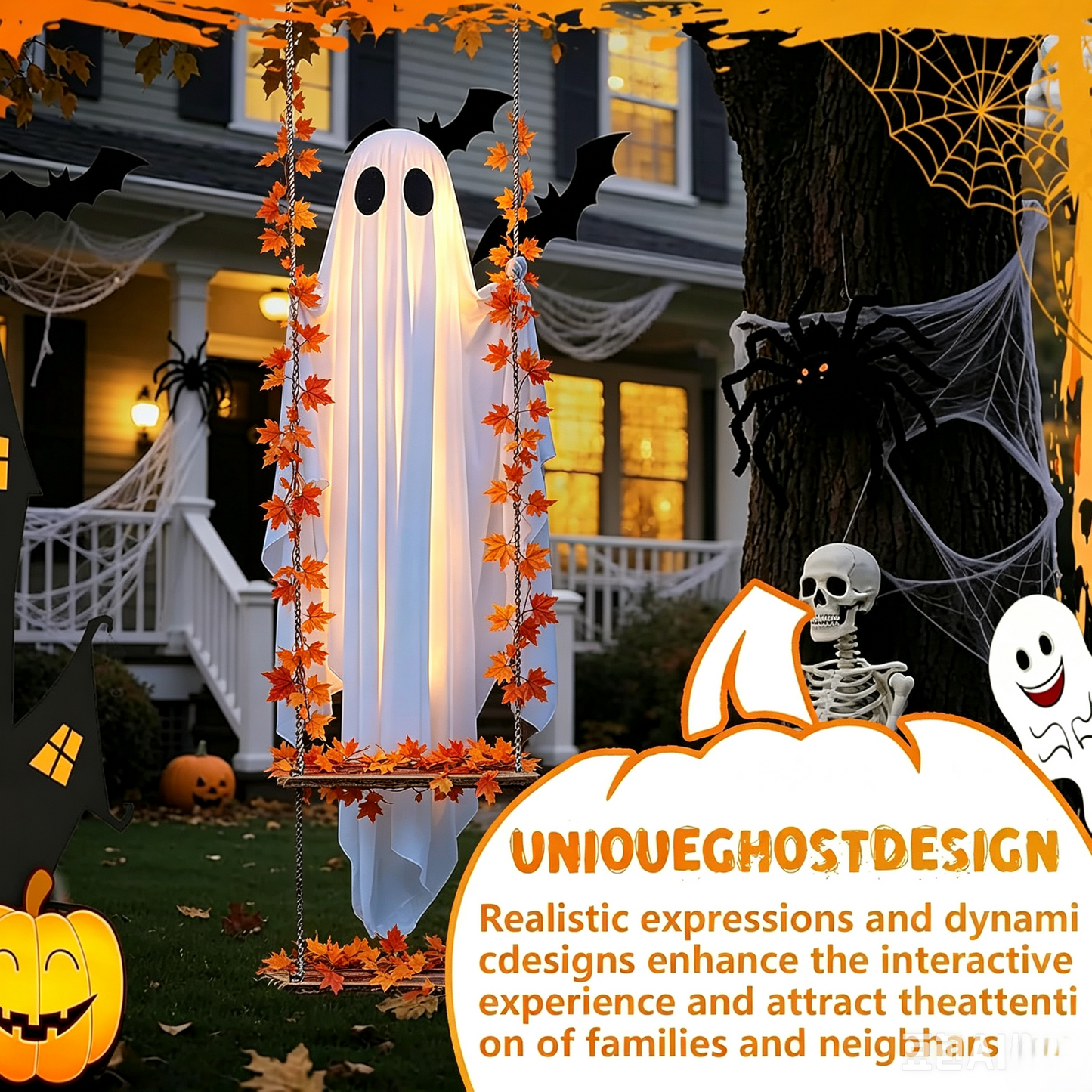 ??Limited-time 50% Off???LED Hanging Ghost Swing Decoration, 5FT Remote Controlled Halloween Outdoor Hanging Decor??