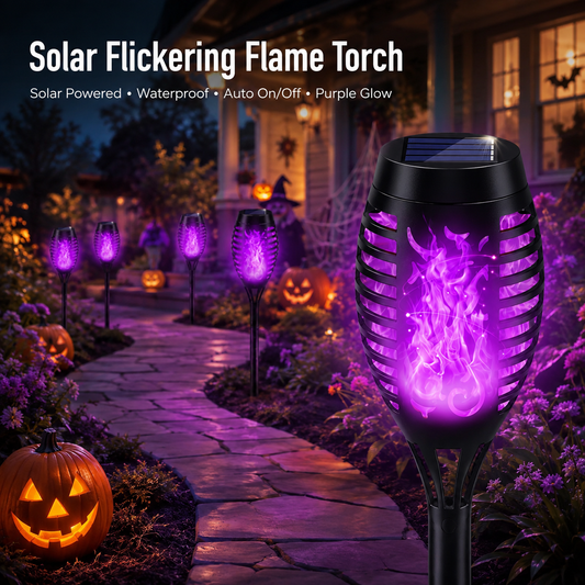 6-Pack Solar Halloween Torch Lights£ºPurple Flickering Flame, Waterproof Yard Pathway Patio Decor