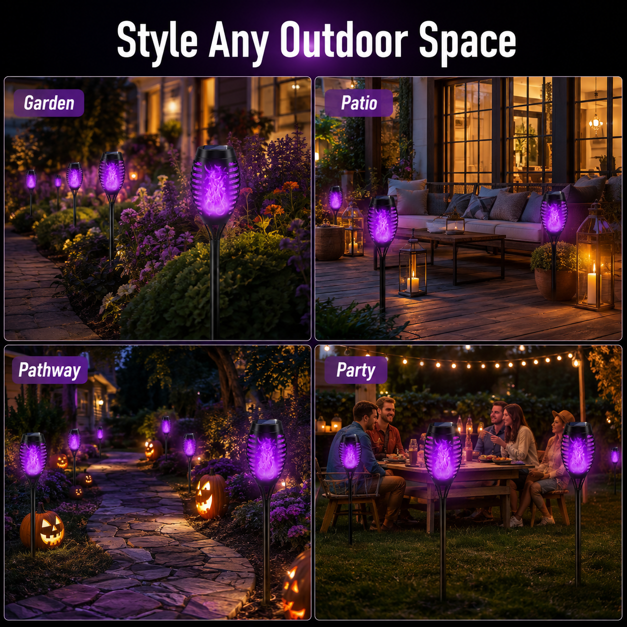 6-Pack Solar Halloween Torch Lights£ºPurple Flickering Flame, Waterproof Yard Pathway Patio Decor