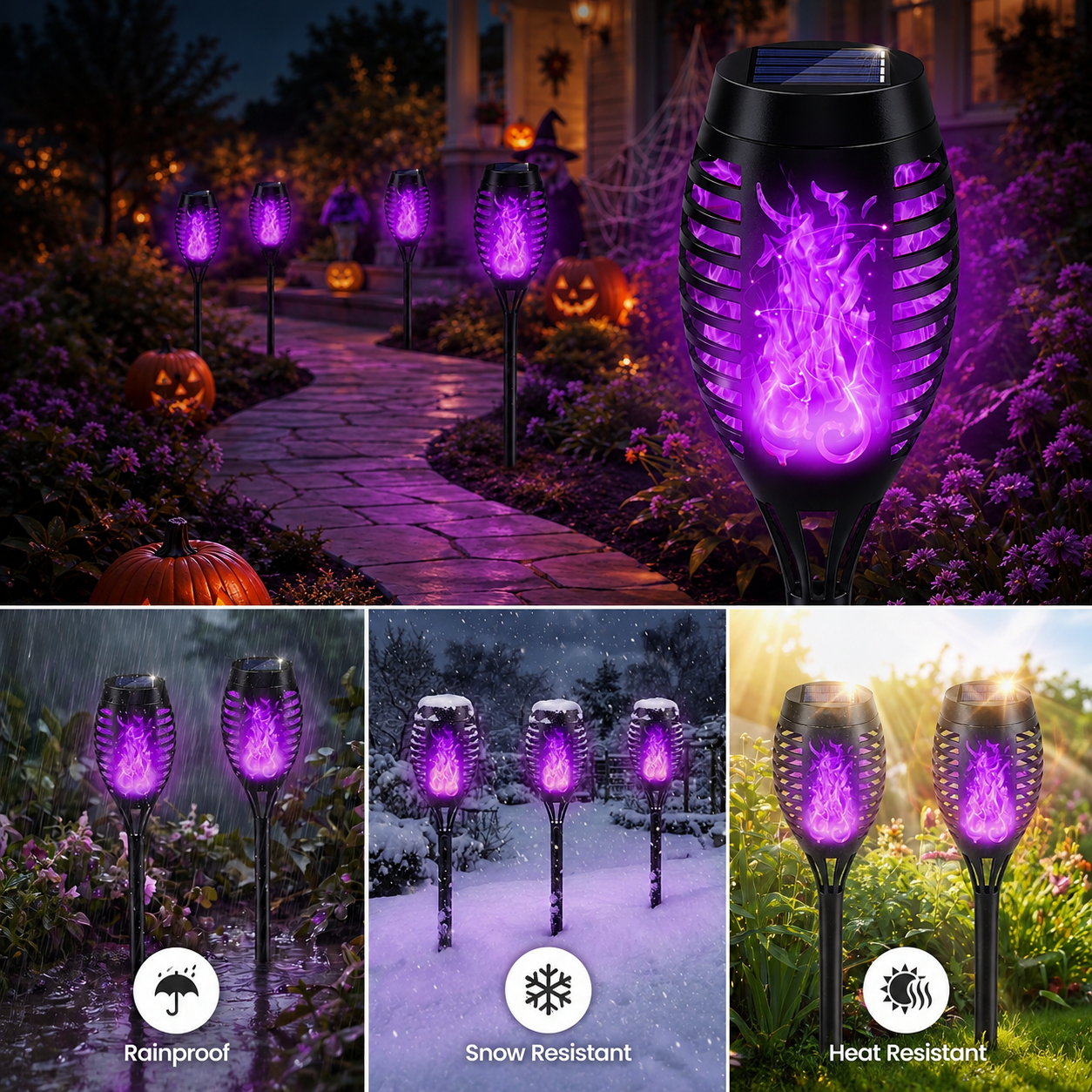 6-Pack Solar Halloween Torch Lights£ºPurple Flickering Flame, Waterproof Yard Pathway Patio Decor
