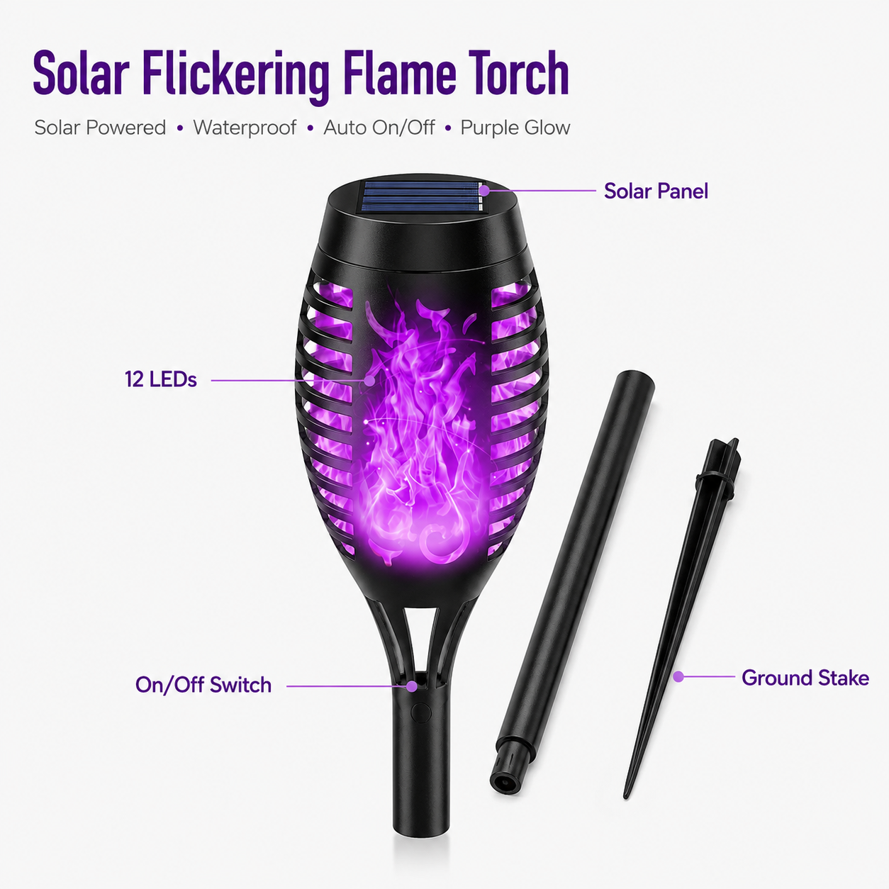 6-Pack Solar Halloween Torch Lights£ºPurple Flickering Flame, Waterproof Yard Pathway Patio Decor