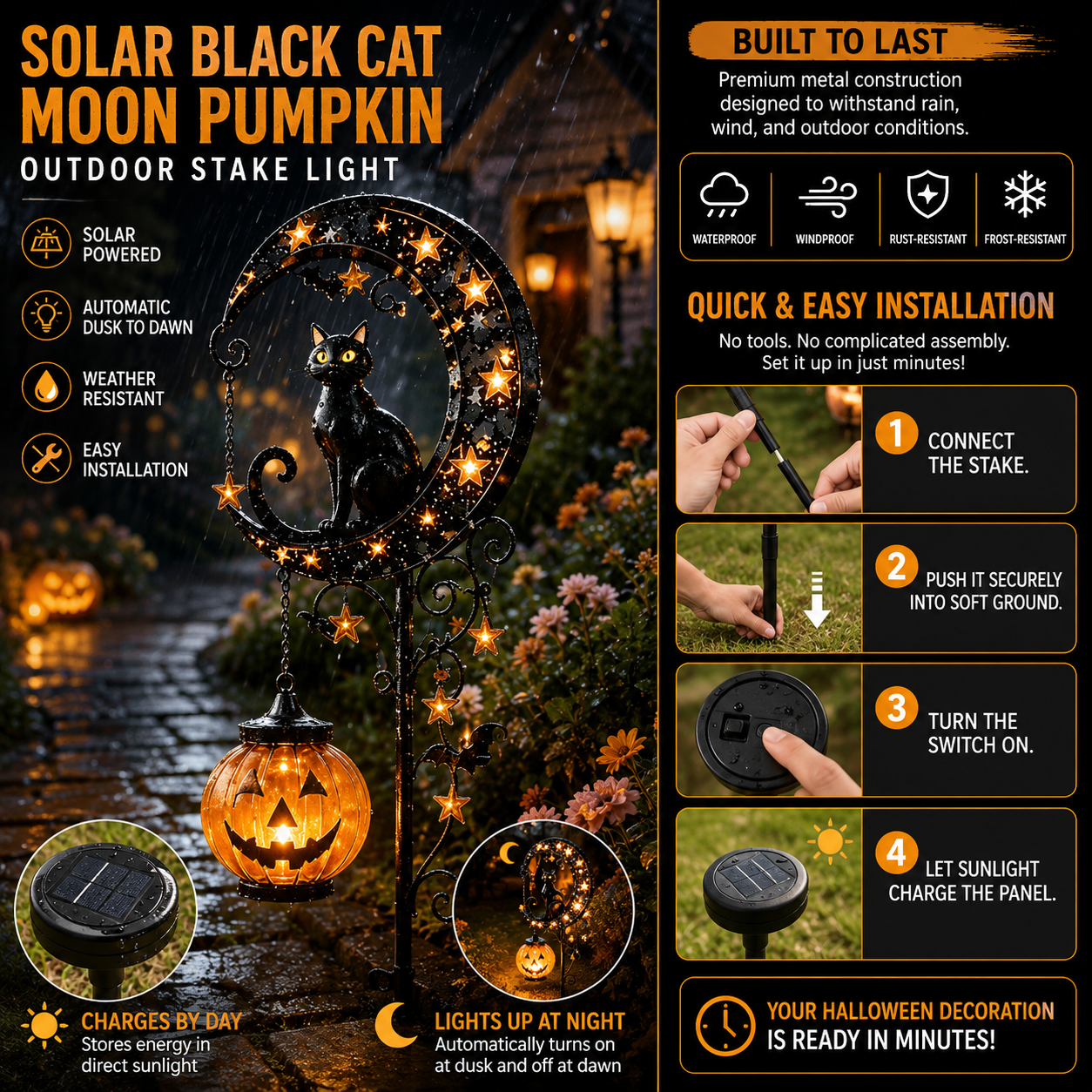 ???? Solar Black Cat Moon Pumpkin Outdoor Stake Light Transform Your Yard Into A Magical Halloween Wonderland