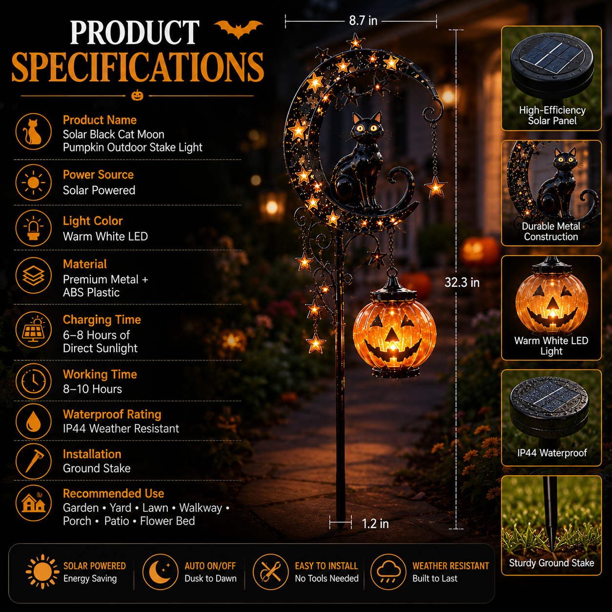 ???? Solar Black Cat Moon Pumpkin Outdoor Stake Light Transform Your Yard Into A Magical Halloween Wonderland