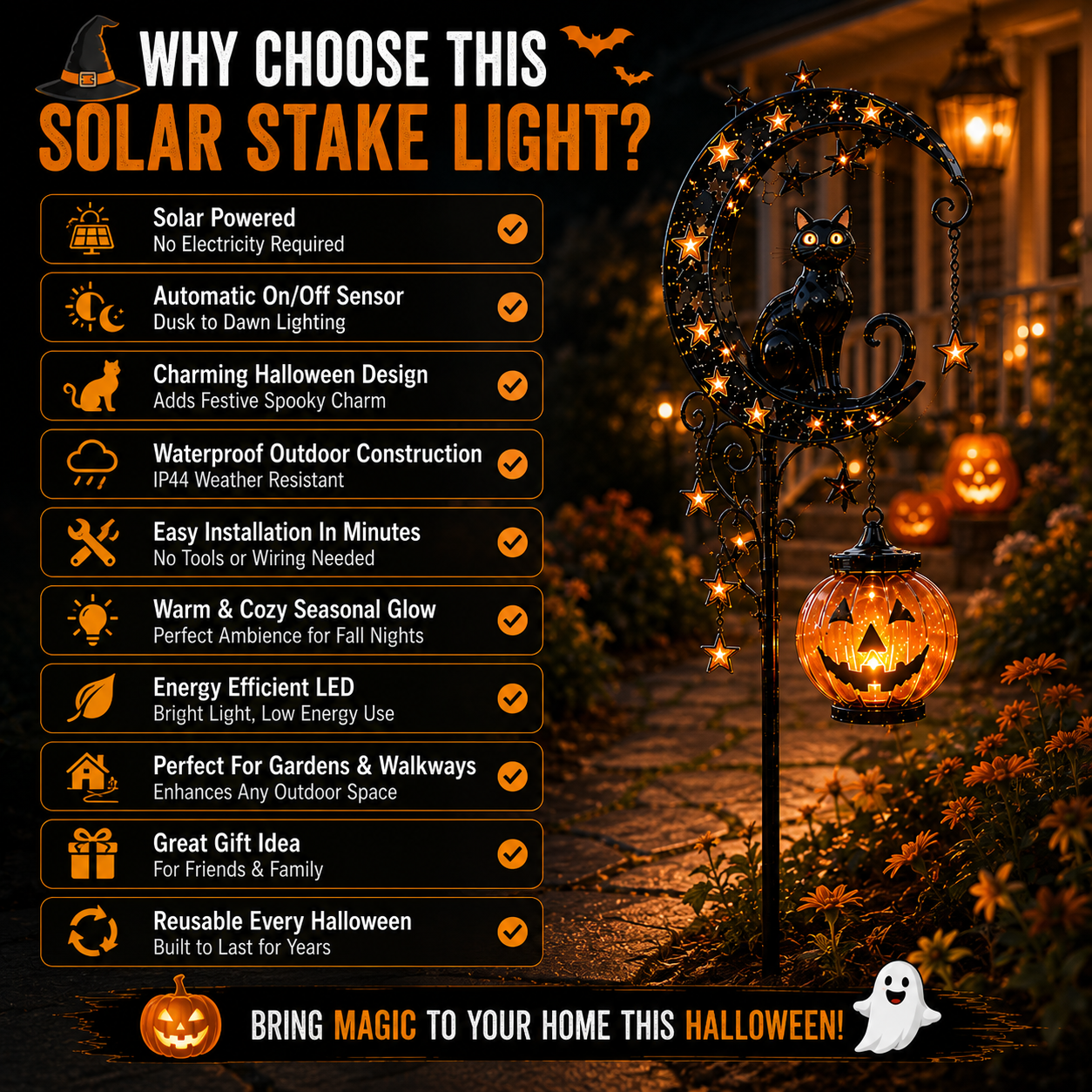 ???? Solar Black Cat Moon Pumpkin Outdoor Stake Light Transform Your Yard Into A Magical Halloween Wonderland