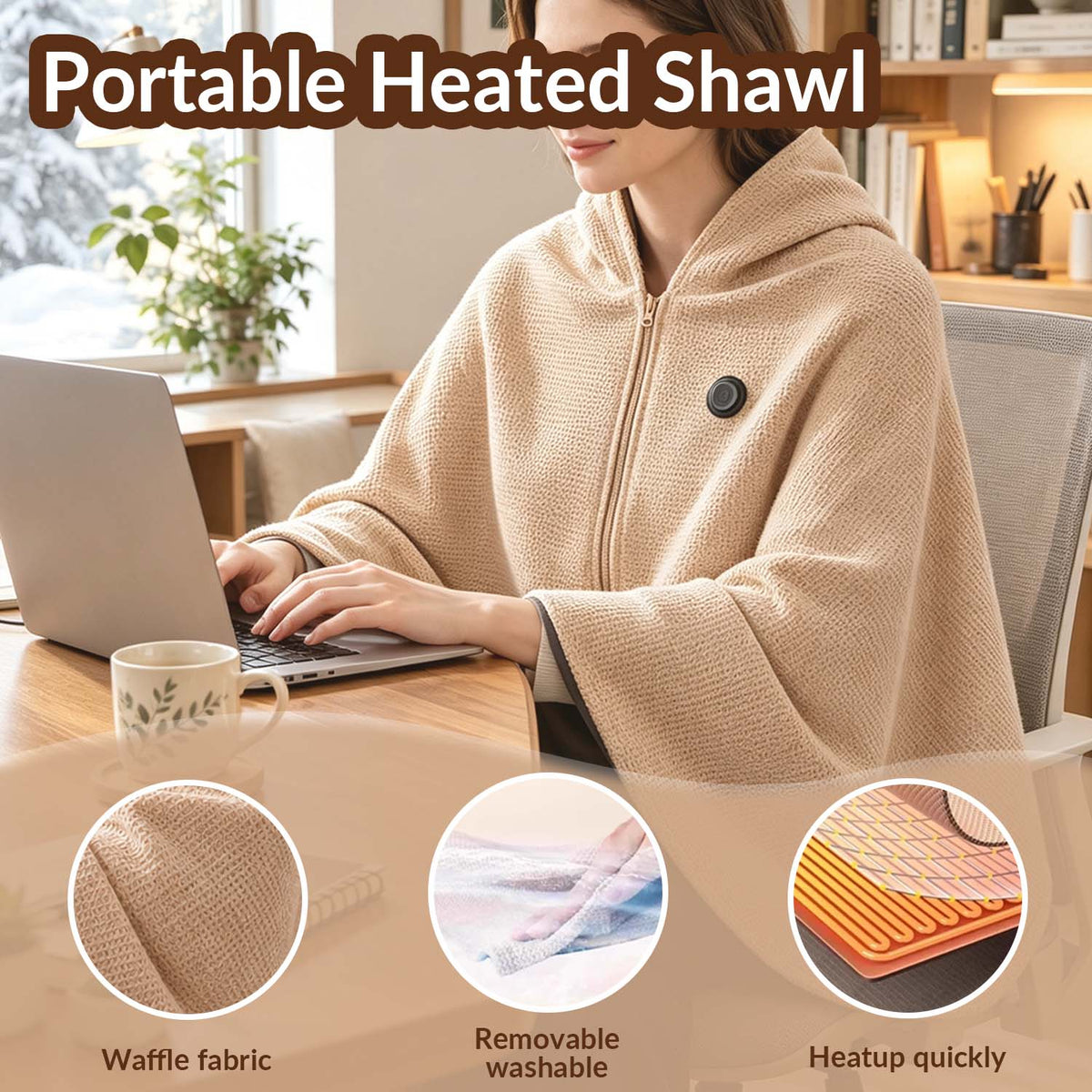 🔥CozyHug Portable Heated Shawl ✨Soft Zipper Wearable Electric Heating Blanket For All-Day Warmth
