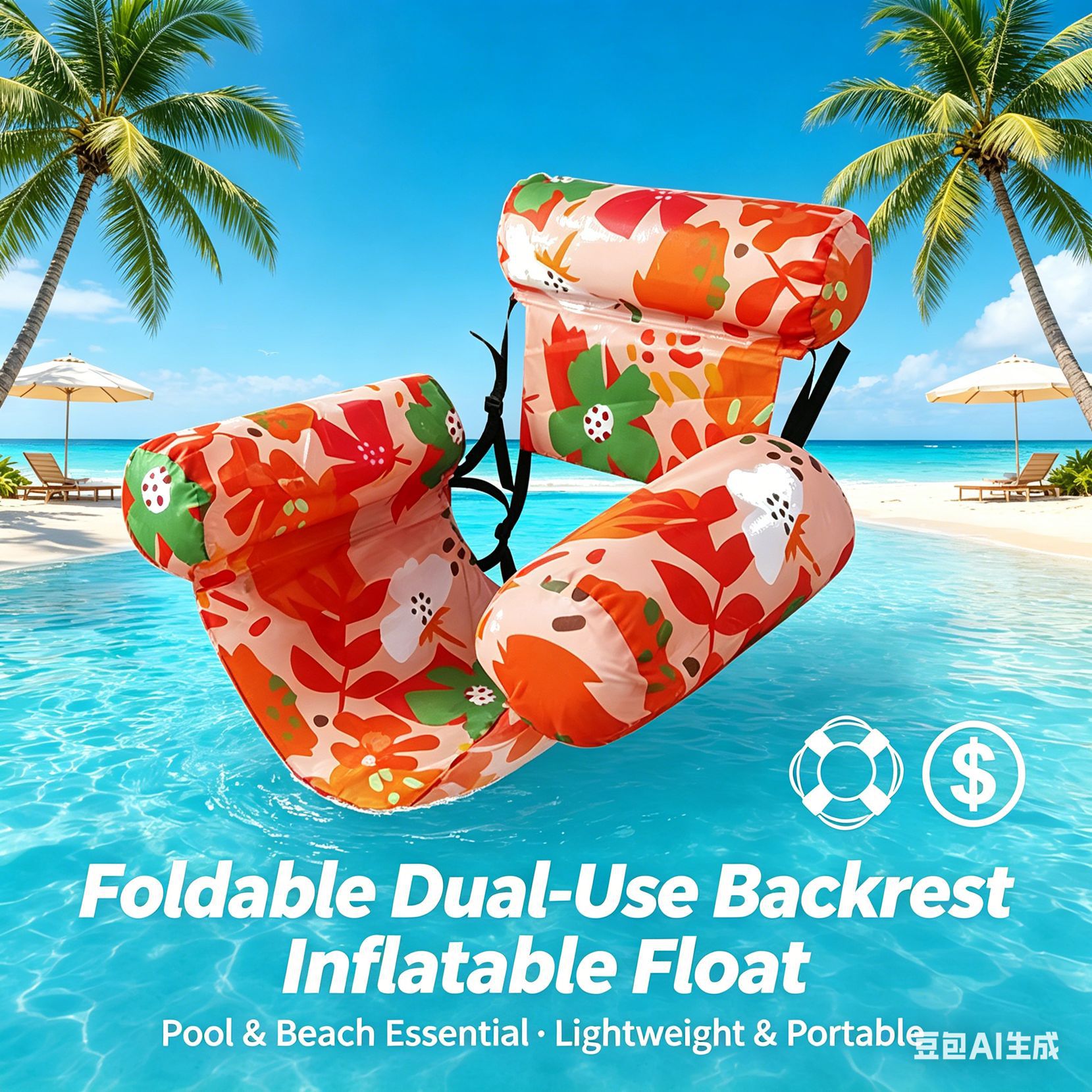 Inflatable Water Floating Row Amusement Lounge Chair Floating Bed Seat Canvas Sofa Foldable Dual-Use Backrest Swimming Floating