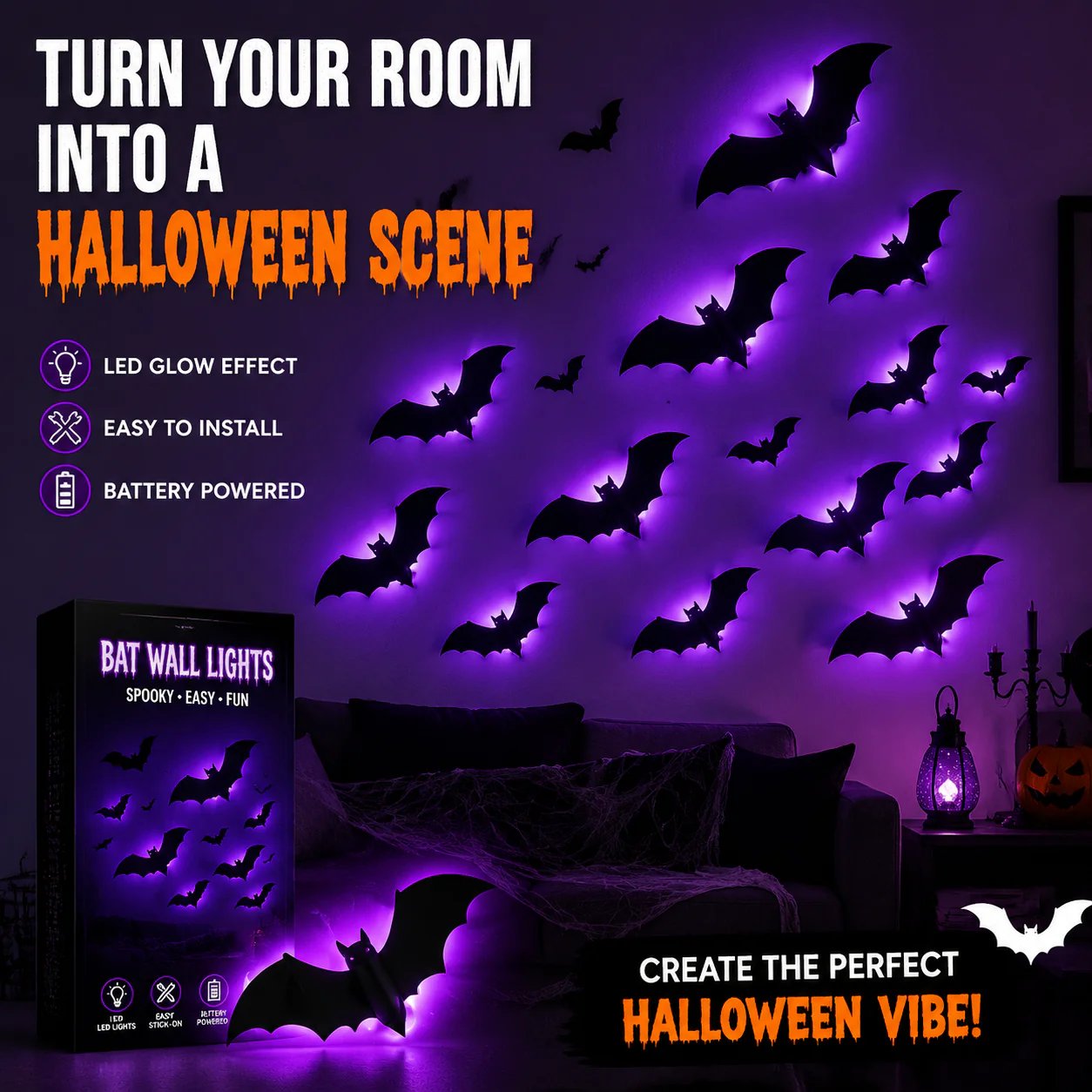 ??Halloween decorative items - 3D black bat wall stickers with LED lights