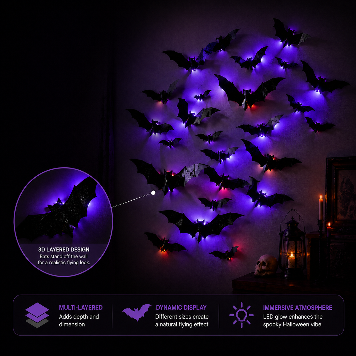 Halloween LED Bat Wall Decor – 3D Glitter Flying Bat Stickers for Spooky Party, Room & Window Decorations